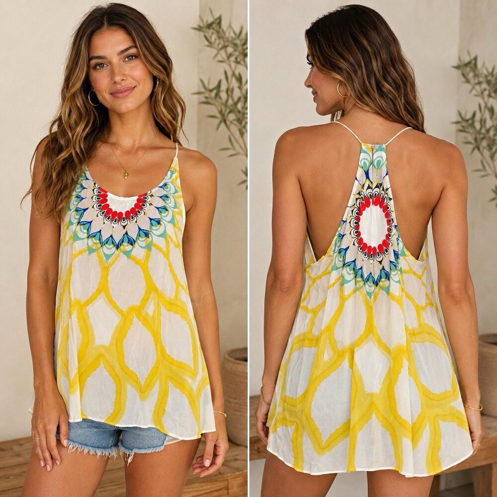 Free People NWT Geometric Scoop Neck Racerback Spaghetti Strap Tank Top Sz Small